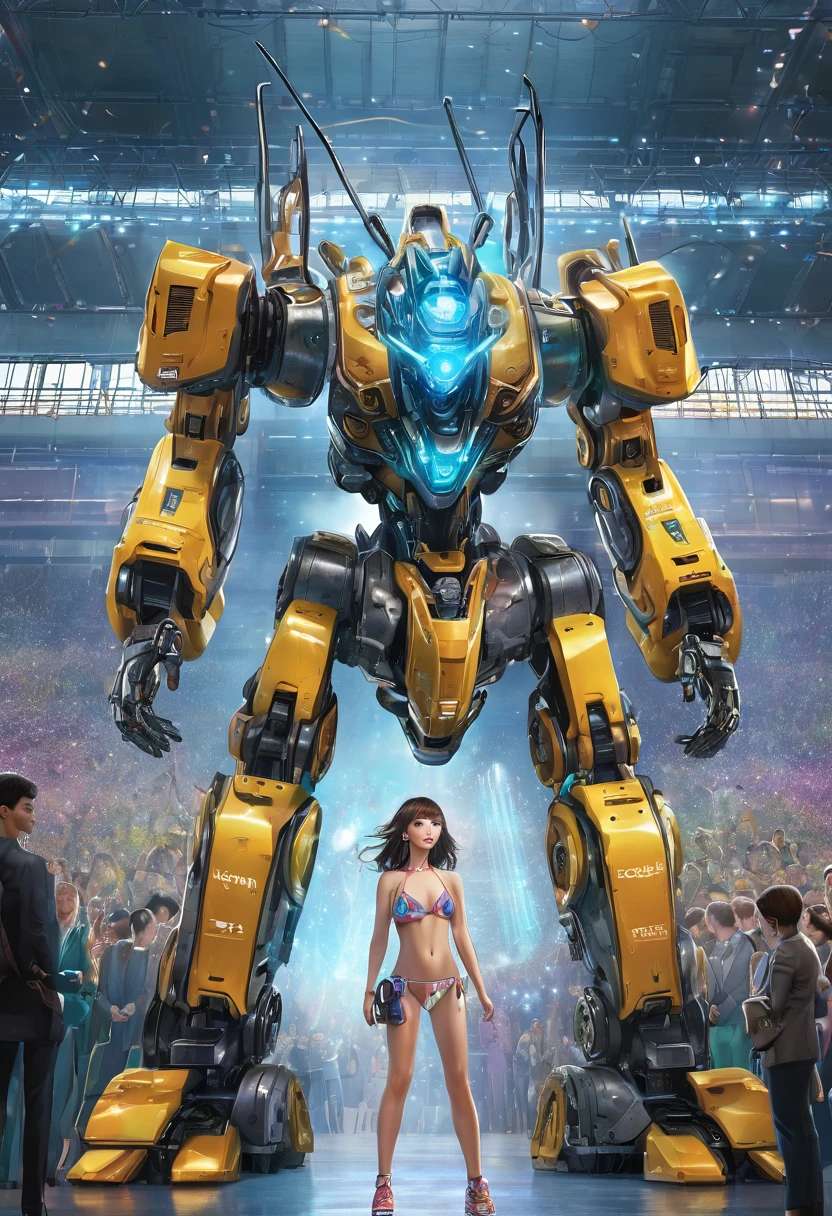 ((masterpiece, best quality)),illustration,ultra detailed 8k,photorealistic,sharp focus,highly detailed,professional lighting,colorful details,iridescent colors BREAK extreme long shot of a factory,large mechanical robot construction,microchip,computer,glowing,intricate details,shitu-mecha,1girl is standing in front of the audience,Navel,in bikini