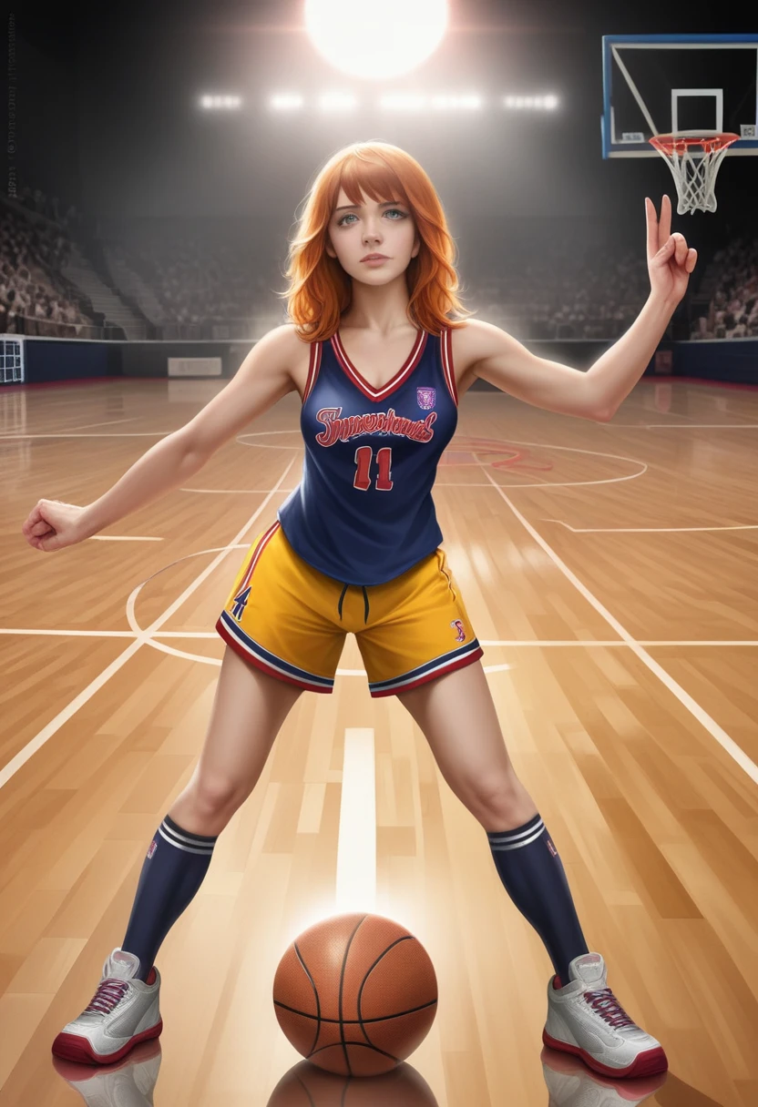 A beautiful girl in a basketball jersey, posing on a basketball court, with long, messy orange hair, (best quality,4k,8k,highres,masterpiece:1.2),ultra-detailed,(realistic,photorealistic,photo-realistic:1.37),extremely detailed eyes and face,longeyelashes,detailed basketball jersey,detailed basketball court,sun flares,dramatic lighting,vibrant colors,cinematic