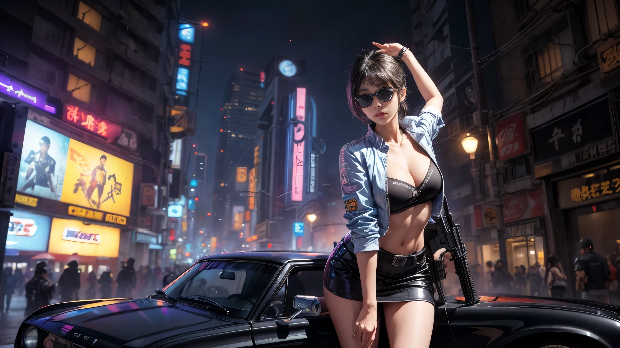 8k, Realistic Skin Texture, Realistic Photo, Neo Tokyo, slim Japanese women, large-breast:1.3 cleavage, AD2050 at night, Dirty hunting jacket, Wearing multiple shirts, (((black sunglasses, automatic rifle, sneakers, cold, shooting pose))), Innovative composition, revenge, An old 1966 Ford Bronco that looks out of place in a city, cyberpunk, blade runner worldview, Large neon sign, Geisha hologram sign, Strong Wakamoto Sign.