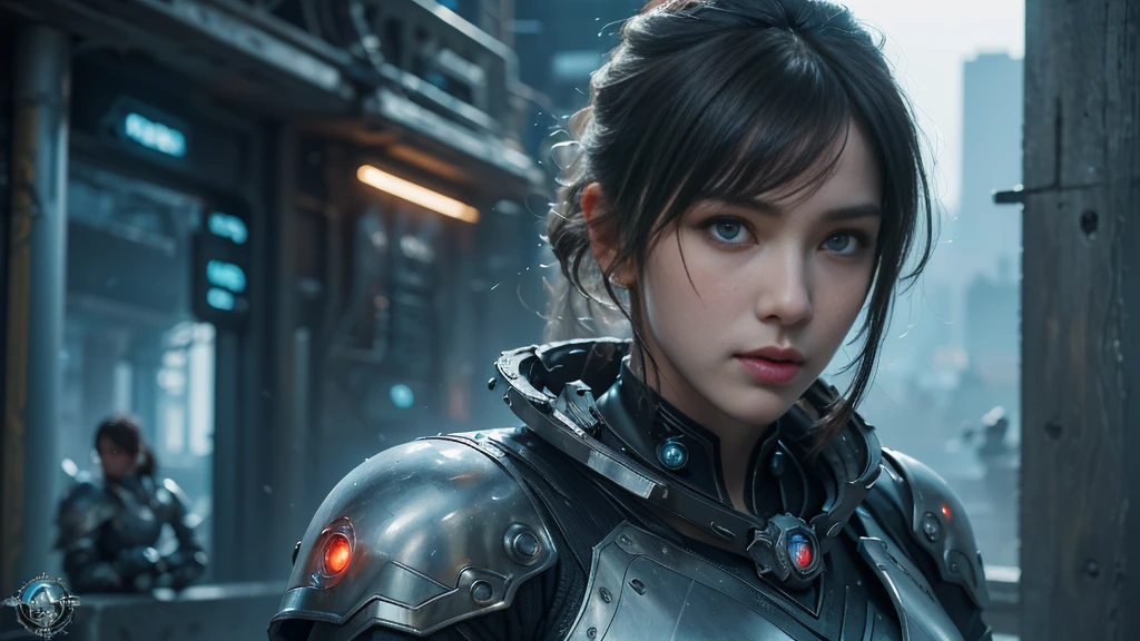 masterpiece,best quality,high resolution,8k,(portrait photo:1.5),(R original photo),real picture,digital photography,(Combination of cyberpunk and fantasy style),(female soldier),20 year old girl,Random hairstyle,through bangs,(red eye breasts, Accessories,Keep your mouth shut,Elegant and charming,Serious and arrogant,Calm and handsome,(Cyberpunk combined with fantasy style clothing,hollow-carved design,joint armor,photo poses,Realistic style,gray world background,oc render reflection texture,sentry