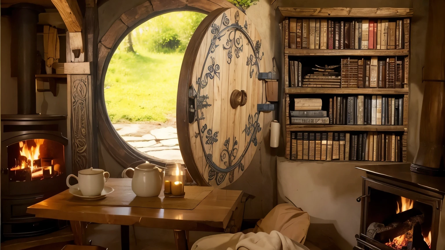 a cozy side fireplace in ahobbit house, middle-earth, the shire, house full of objects