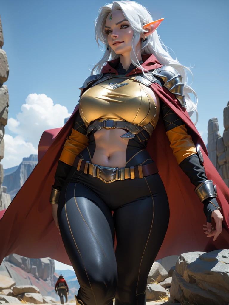 high resolution 8k, hdr, ulta realistic, photo realistic, dynamic lighting, dynamic color, ultra hd texture, high definition, cinematic scene, Woman with bright orange eyes, purple skin color, large bust, curvaceous body, wearing an old gold and black cape, white hair reflecting the light from the fire around the scene, elf ears, a malevolent smile, walking on the rocks shadows of the mountains, short attire, tight clothes, Perspective scene from below showing the sky,