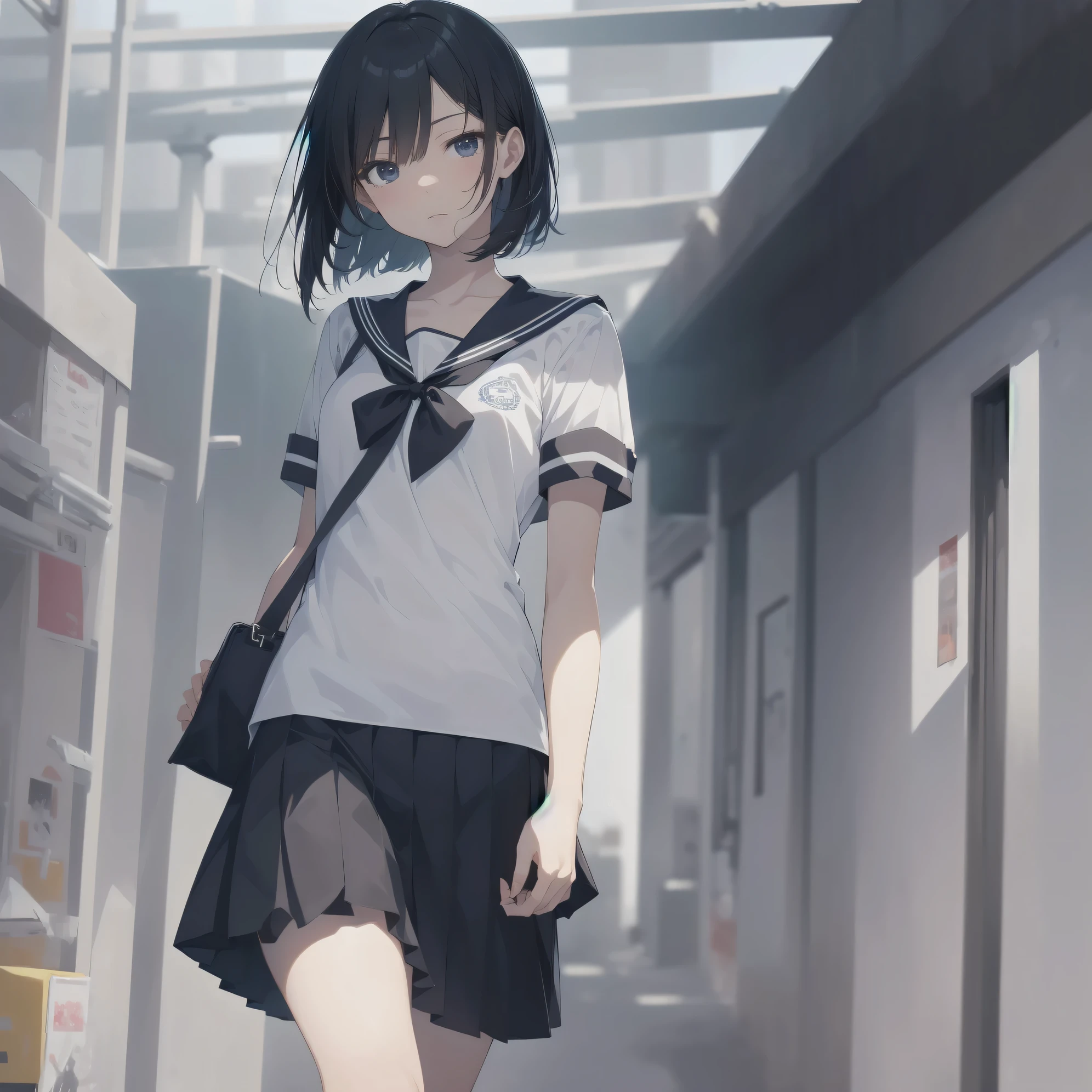 ultra-absurdres-Top quality by artist God, ultra-detailed, high resolution, anime moe artstyle, best anime 8k konachan wallpaper, pixiv contest winner, pool:2810, perfect anatomy,break, 1girl, (Please draw a girl walking sleepily to school alone. )break,(Solo,little female, 13-year-old:1.3),Full limbs, complete fingers,a junior high school student, (very short hair), short cut, flat chest, , small butt, small black eyes, beautiful detailed eyes, well-proportioned iris and pupils, expressive eyes, highres detailed hair, soft expression, salor school_uniform, sailor collar, serahuku, bow, pleated skirt,(Detailed Lighting), (Detailed background), in the School commute route. break,super detailed skin, Best cinematic lighting powered by famous artist, 8k,beauty illustration,photoshop_(medium),very aesthetic,break,((artist:toosaka_asagi )), artist:clamp ,artist:carnelian ,artist:kantoku ,