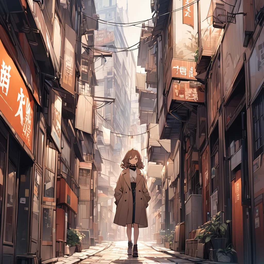A girl with brown, wavy bob hair wearing a dark beige coat。In town、City、building walk whole body