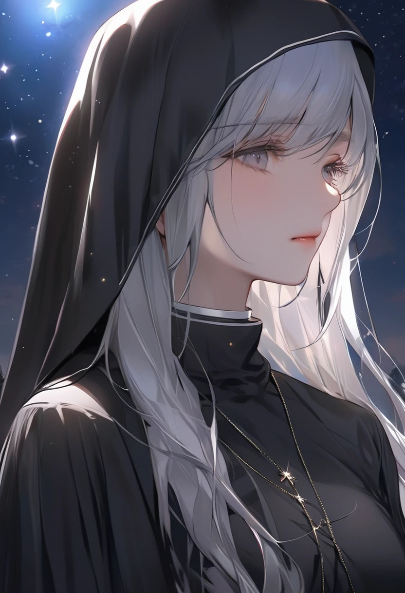  calm , black robe nun  , masterpiece , cloudly night full stars  , close up , beauty , 