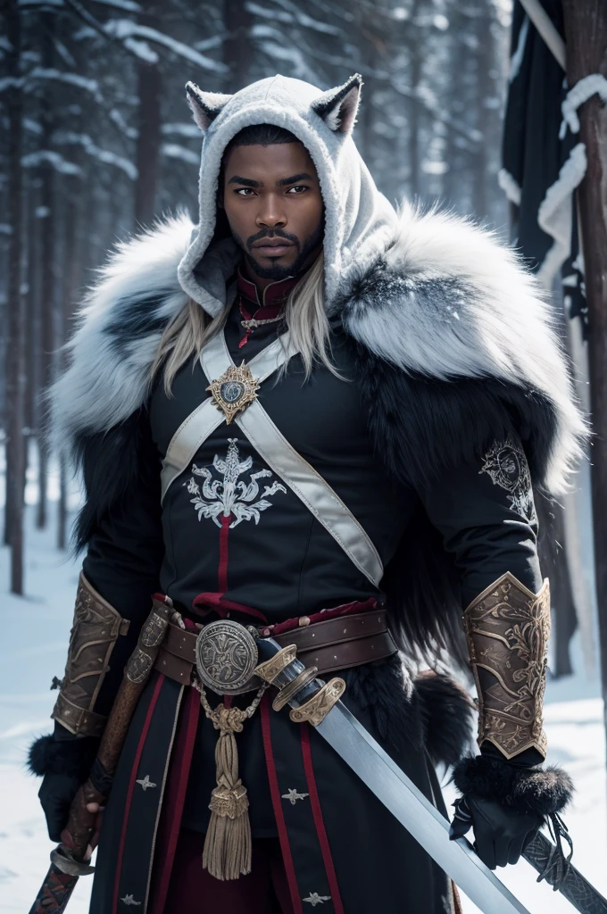 Black man warrior in nordic costumes with wolf coat of arms with a sword
