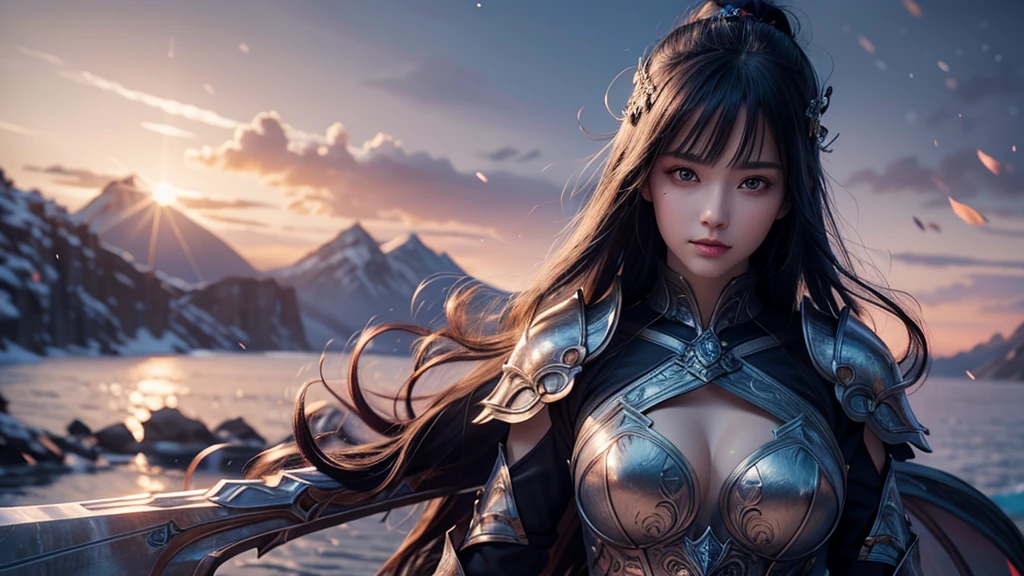 Close-up of woman holding sword and armor, Armor Girl, 2. 5D CGI anime fantasy artwork, Large Breasts，Epic fantasy digital art style, detailed Digital 2D fantasy art, Digital 2D fantasy art, original photo, (best quality:1.3), high resolution, (masterpiece), (lifelike:1.4), Professional photography, Clear focus, High Dynamic Range, 8k resolution, Intricate details, Fine details, Depth of Field, Extremely detailed CG unified 8k wallpaper, masterpiece，poster，best quality，Official Art，（Beauty and aesthetics：1.2），（masterpiece：1.3），Miss，personal，Light Leather Armor，complex pattern，winter，Snow Mountain，Medium distance photography，（midnight），dramatic，Giant bat wings，