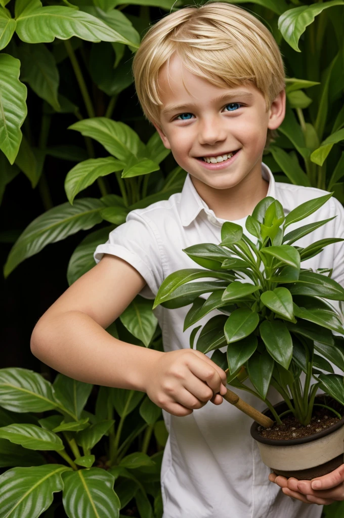 Blond boy with amber eyes and a smile, with a plant whip, and the power to control plants