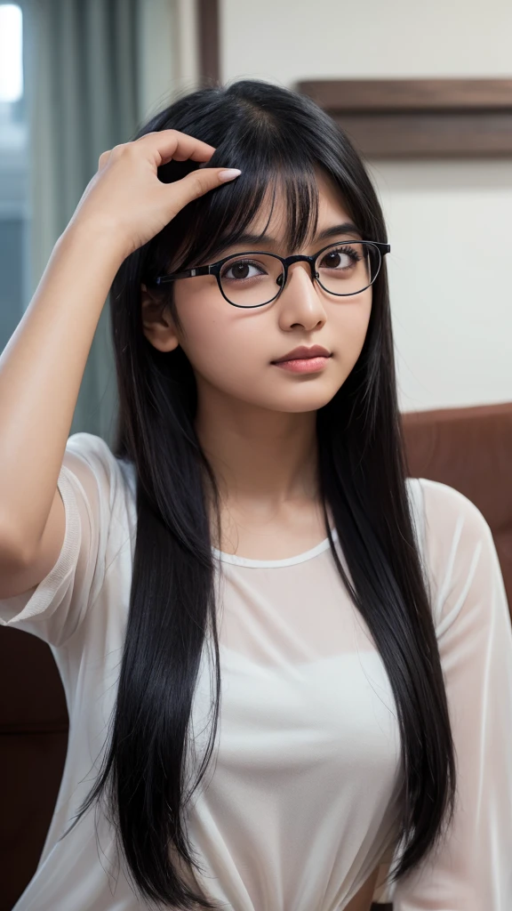 Indian girl, black hair, black eyes, around thin eyeglasses