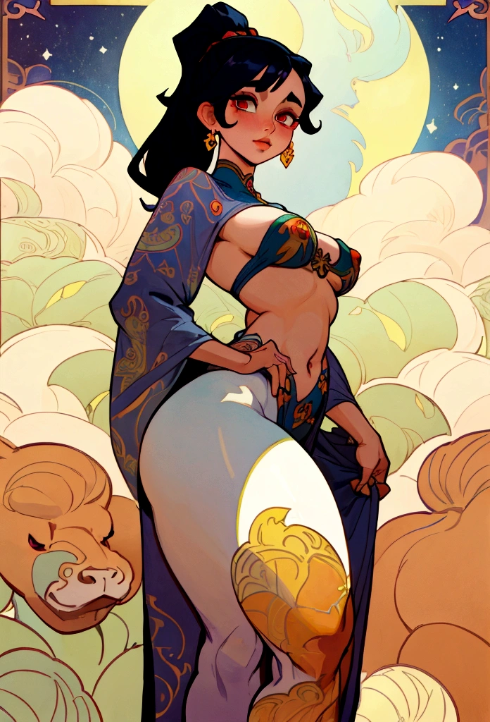 ((Masterpiece)), (Best Quality), (work), Pintura de acuarela Art Nouveau , moon goddess , big breasts,The nipples are very prominent.,ultra thin bra,correa,show navel,exposed camel toe,large eyes, long, thick eyelashes, thick lips, dark red eyes, hair long and thick, High ponytail, chubby, florida_bottom, Intricate designs and patterns in the style of Alphonse Mucha.from below