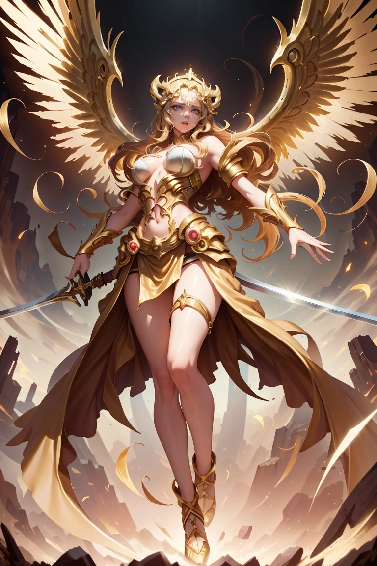 goddess of angels golden swordsman with wings, blondie hair, perfect hands, golden shine, fictional figure body hands on waist, sexy movement pose, swords around the body