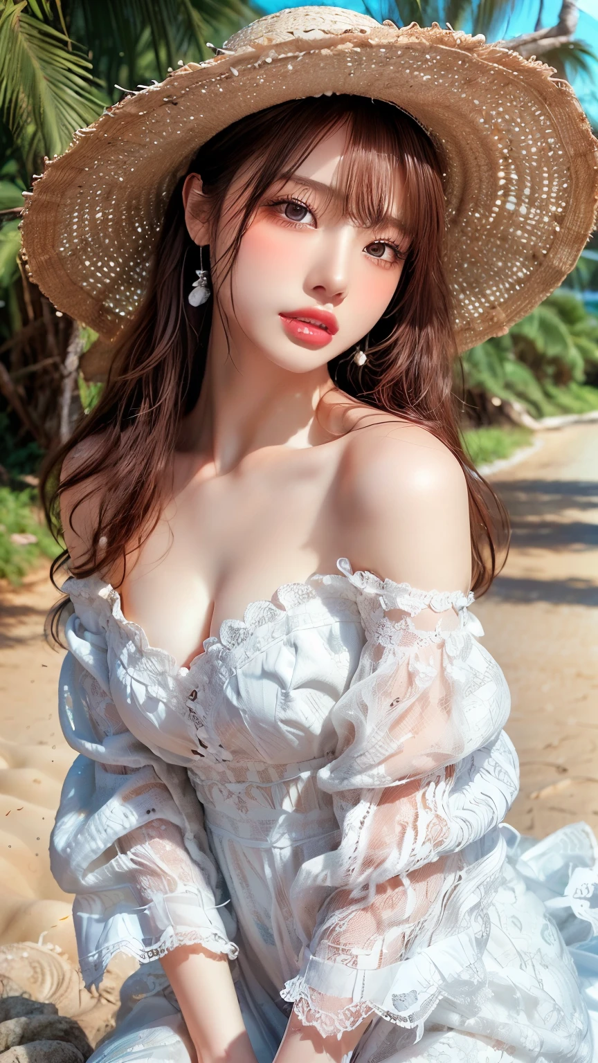 ((Highest quality)),(超A high resolution),(Very detailed),(Detailed Description),((The best CG)),(masterpiece),Very detailed art、Very beautiful and beautiful woman、front facing, Small breasts、(((Whitening 1.5)))、Clear skin quality、(((Whitening 1.5)))White lace dress、Off the shoulder、Small straw hat、Sandy Beach、Ocean、