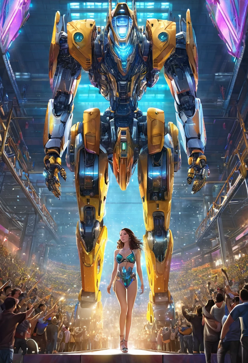 ((masterpiece, best quality)),illustration,ultra detailed 8k,photorealistic,sharp focus,highly detailed,professional lighting,colorful details,iridescent colors BREAK extreme long shot of a factory,large mechanical robot construction,microchip,computer,glowing,intricate details,shitu-mecha,1girl is standing in front of the audience,Navel,in bikini
