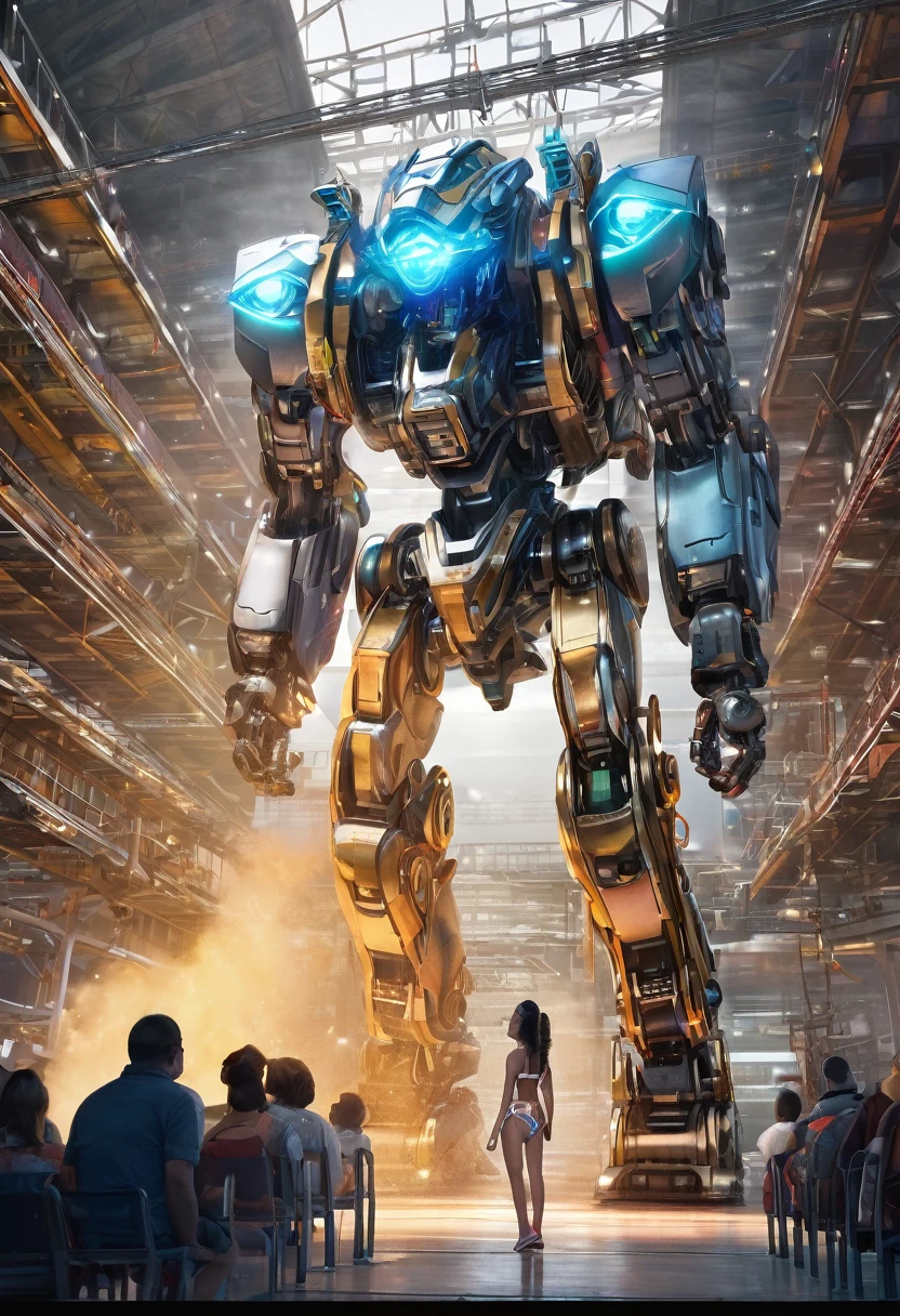 ((masterpiece, best quality)),illustration,ultra detailed 8k,photorealistic,sharp focus,highly detailed,professional lighting,colorful details,iridescent colors BREAK extreme long shot of a factory,large mechanical robot construction,microchip,computer,glowing,intricate details,shitu-mecha,1girl is standing in front of the audience,Navel,in bikini