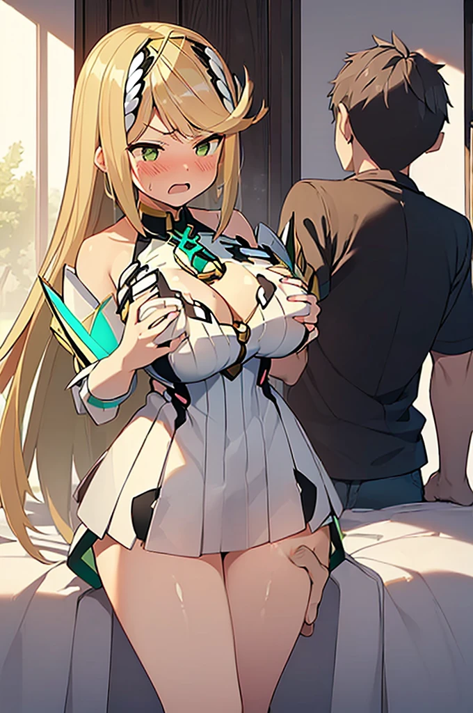 (Masterpiece, Top quality: 1.5), nsfw, sitting on bed, (1boy and 1girl :1.3), (Mythra :1.3),(breast grab from behind:1.3), a boy is with black hair , (large breasts:1.3), (cleavage:1.2), standard weight, Blonde Hair, 16 year old, angry, (flustered:1.3), open mouth, bedroom