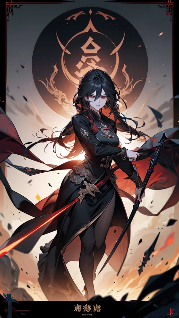 Elegant woman with cool red-purple heterochromia eyes, wearing a red dress, black trousers, long black hair (top quality, 8k, high, masterpiece), highly detailed facial features, intricate details, natural lighting, warm color, soft focus, digital painting, fantasy art, silhouette, red light, eerie atmosphere, foggy, Scythe, weapon, auta merah, partikel hitam.