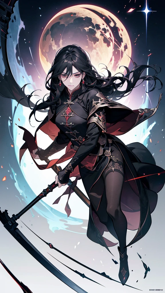 Holding a sickle、Close-up of a woman standing on a scythe, Jan J, Kschaert Krentz Key Art Feminine, Dark Sorceress Full View, Written by Ku Lei Lei, by Zhou Chen, Dark magician full body pose, Jan Jin, by Han Gan, Magnificent and elaborate character art, by Shen Zhou, Dark fantasy art
