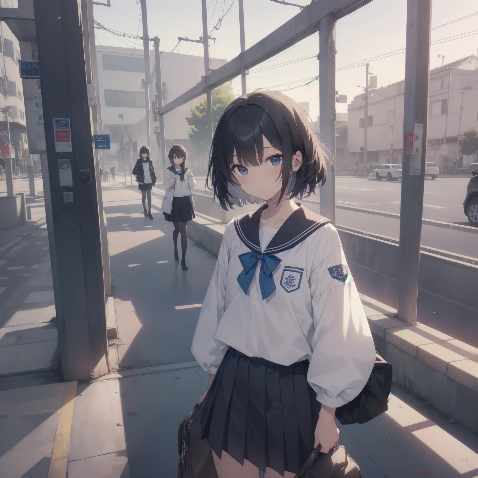 ultra-absurdres-Top quality by artist God, ultra-detailed, high resolution, anime moe artstyle, best anime 8k konachan wallpaper, pixiv contest winner, pool:2810, perfect anatomy,break, 1girl, (Please draw a girl walking sleepily to school alone. )break,(Solo,little female, 13-year-old:1.3),Full limbs, complete fingers,a junior high school student, (very short hair), short cut, flat chest, , small butt, small black eyes, beautiful detailed eyes, well-proportioned iris and pupils, expressive eyes, highres detailed hair, soft expression, salor school_uniform, sailor collar, serahuku, bow, pleated skirt,(Detailed Lighting), (Detailed background), in the School commute route. break,super detailed skin, Best cinematic lighting powered by famous artist, 8k,beauty illustration,photoshop_(medium),very aesthetic,break,((artist:toosaka_asagi )), artist:clamp ,artist:carnelian ,artist:kantoku ,