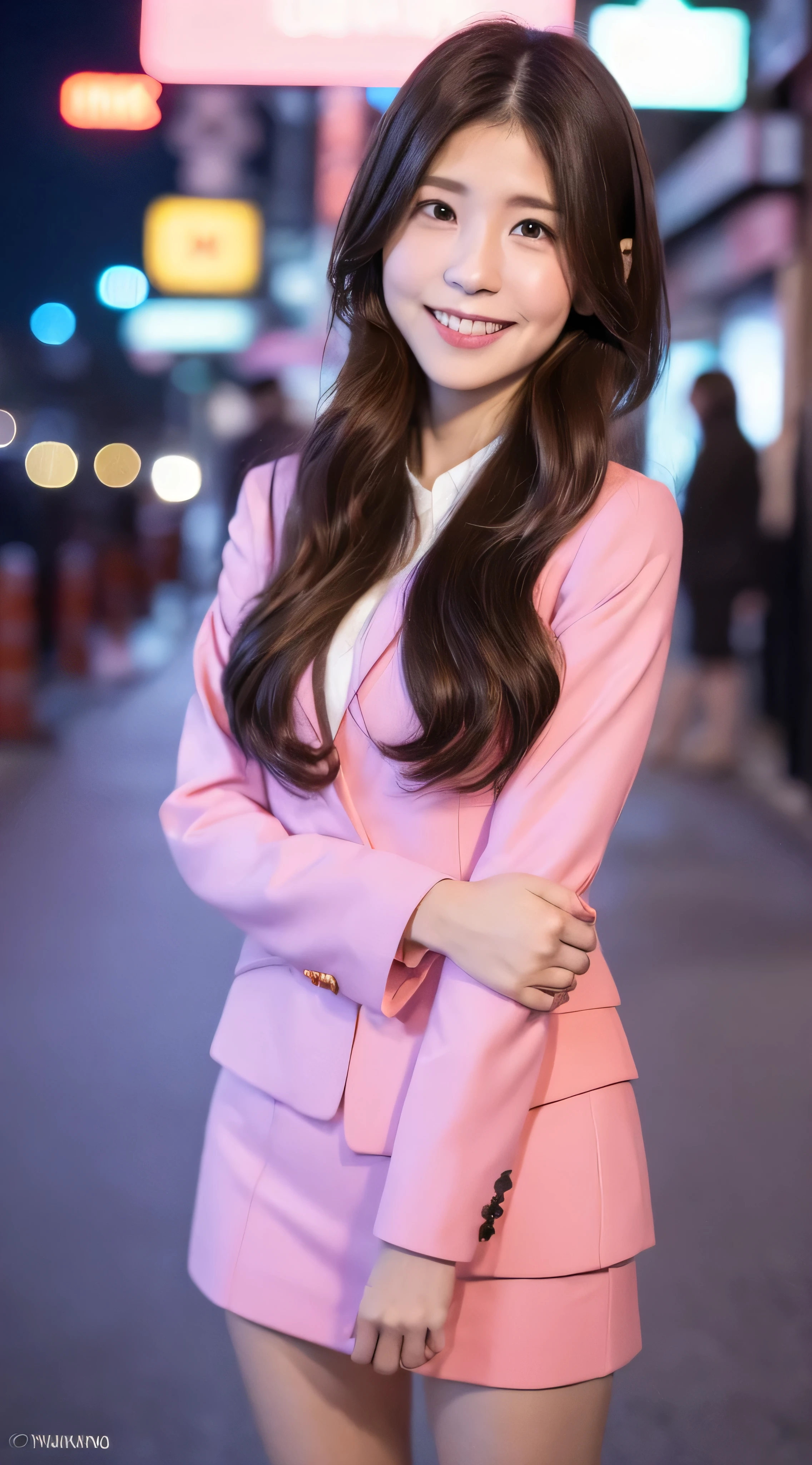 (((Yumikanok))),((Best quality, 8k, Masterpiece :1.3)), 1girl, smiling, full body, slim face, Pretty woman, (Dark brown hair), pink suit,short tight skirt, Ultra-detailed face, Detailed eyes, Double eyelid, bokeh background, slim face, night city, neon light,outside, tokyo street,japan