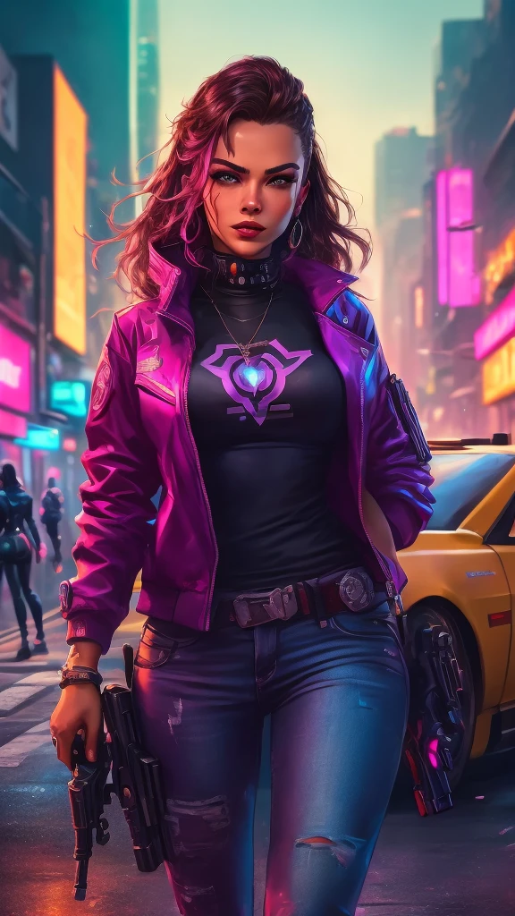 a woman in a purple jacket and jeans holding a gun, stylized urban fantasy artwork, cyberpunk 2 0 years. o model girl, alena aenami and artgerm, alena aenami and android jones, 2d art gta game cover, gta cover art game 2 d, hero pose colorful city lighting, cyberpunk digital painting, Alena Aenami&#39;s style