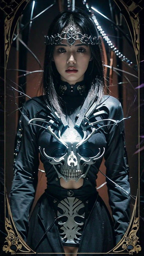 tarot card, chiaroscuro technique on sensual illustration of an queen of sword, a teenage fashion model wearing an exo-skeleton mask, vibrant colors, futuristic cyberpunk style, intricate details, cinematic lighting, dramatic pose, 