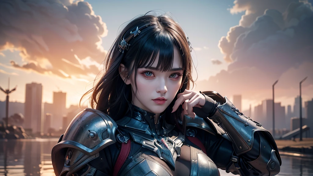 masterpiece,best quality,high resolution,8k,(portrait photo:1.5),(R original photo),real picture,digital photography,(Combination of cyberpunk and fantasy style),(female soldier),20 year old girl,Random hairstyle,through bangs,(red eye breasts, Accessories,Keep your mouth shut,Elegant and charming,Serious and arrogant,Calm and handsome,(Cyberpunk combined with fantasy style clothing,hollow-carved design,joint armor,photo poses,Realistic style,gray world background,oc render reflection texture，sentry