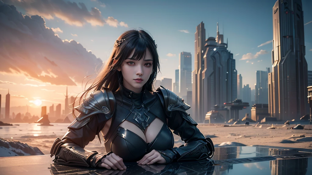 masterpiece,best quality,high resolution,8k,(portrait photo:1.5),(R original photo),real picture,digital photography,(Combination of cyberpunk and fantasy style),(female soldier),20 year old girl,Random hairstyle,through bangs,(red eye breasts, Accessories,Keep your mouth shut,Elegant and charming,Serious and arrogant,Calm and handsome,(Cyberpunk combined with fantasy style clothing,hollow-carved design,joint armor,photo poses,Realistic style,gray world background,oc render reflection texture,sentry