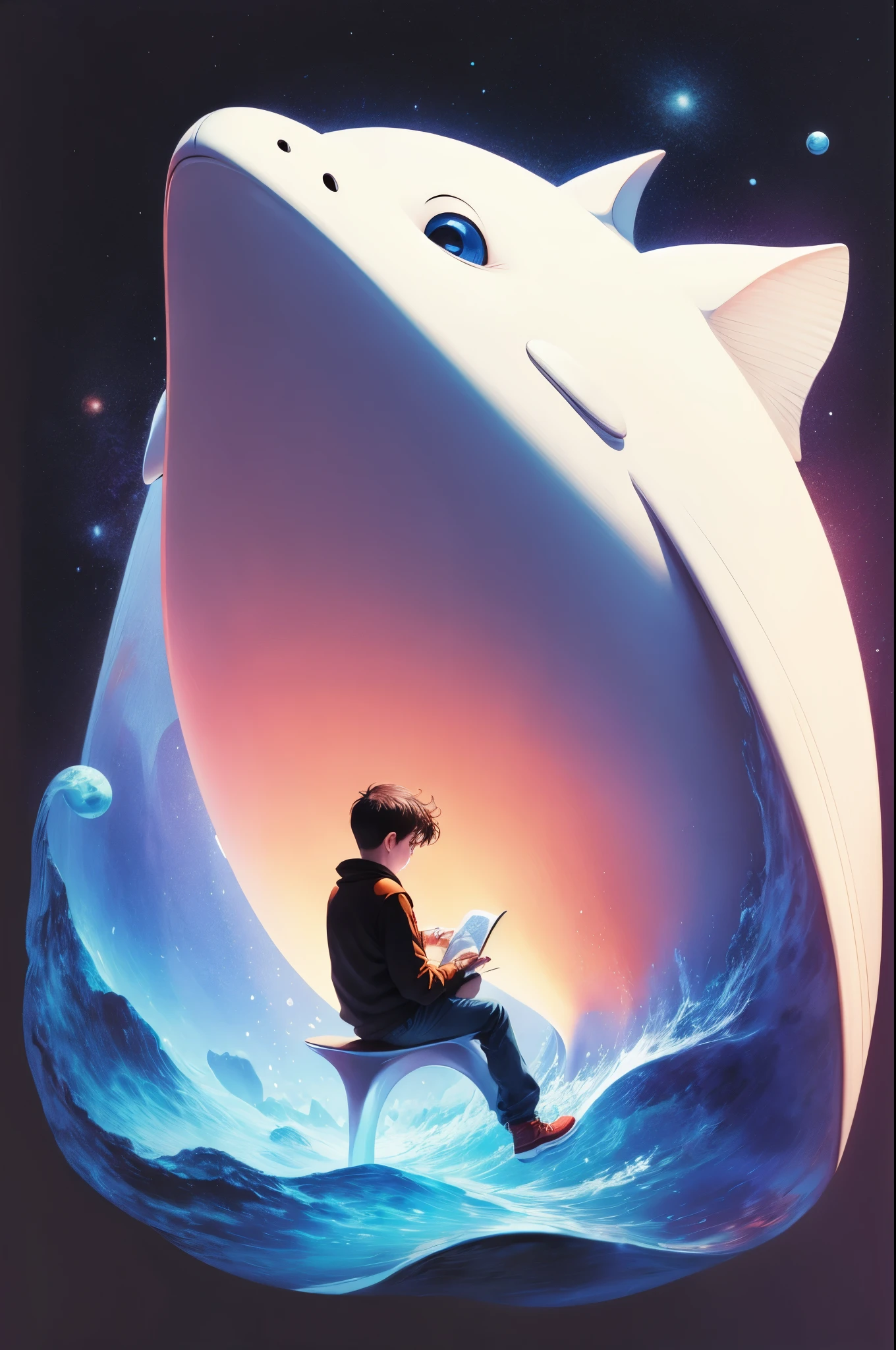 A boy sitting on a whale,Holding a notebook, Space Background,2d illustration, simple cartoon style, Animation illustration style, 2D digital illustration, Simple illustration,Rich colors