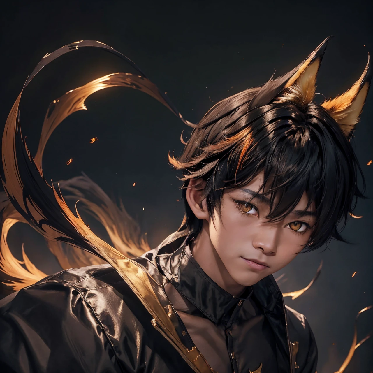 (1boy), (golden eyes), kitsune, shadow creature, body is surrounded by black mist, high res, quality, masterpiece, handsome, smirking, melanated fox ears on top of his head, cheeky, 9 fox tail, ominous bedroom background, orange and black hair, medium hair length, wearing a black and gold suit, staring into camera, tan skin.