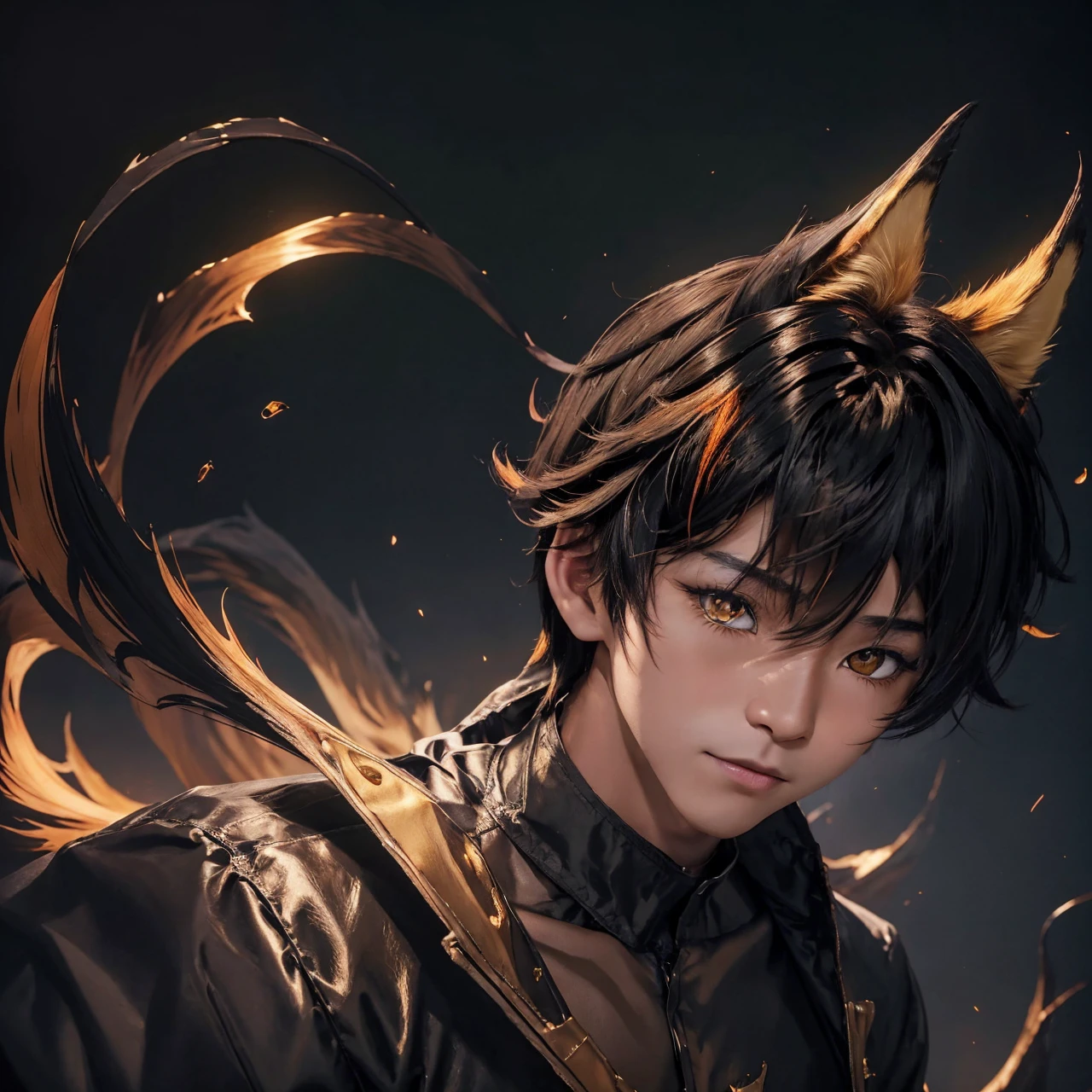 (1boy), (golden eyes), kitsune, shadow creature, body is surrounded by black mist, high res, quality, masterpiece, handsome, smirking, melanated fox ears on top of his head, cheeky, 9 fox tail, ominous bedroom background, orange and black hair, medium hair length, wearing a black and gold suit, staring into camera, tan skin.