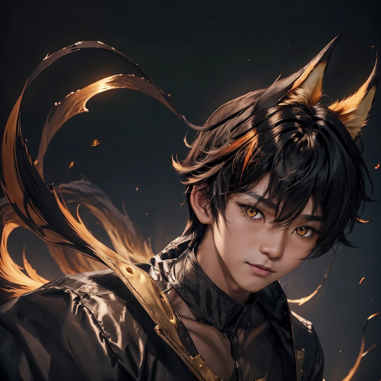(1boy), (golden eyes), kitsune, shadow creature, body is surrounded by black mist, high res, quality, masterpiece, handsome, smirking, melanated fox ears on top of his head, cheeky, 9 fox tail, ominous bedroom background, orange and black hair, medium hair length, wearing a black and gold suit, staring into camera, tan skin.
