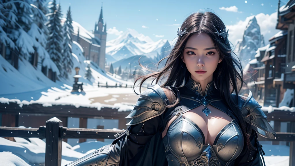 Close-up of woman holding sword and armor, Armor Girl, 2. 5D CGI anime fantasy artwork, Large Breasts，Epic fantasy digital art style, detailed Digital 2D fantasy art, Digital 2D fantasy art, original photo, (best quality:1.3), high resolution, (masterpiece), (lifelike:1.4), Professional photography, Clear focus, High Dynamic Range, 8k resolution, Intricate details, Fine details, Depth of Field, Extremely detailed CG unified 8k wallpaper, masterpiece，poster，best quality，Official Art，（Beauty and aesthetics：1.2），（masterpiece：1.3），Miss，personal，Light Leather Armor，complex pattern，winter，Snow Mountain，castle，Medium distance photography，（early morning），dramatic，Giant bat wings，