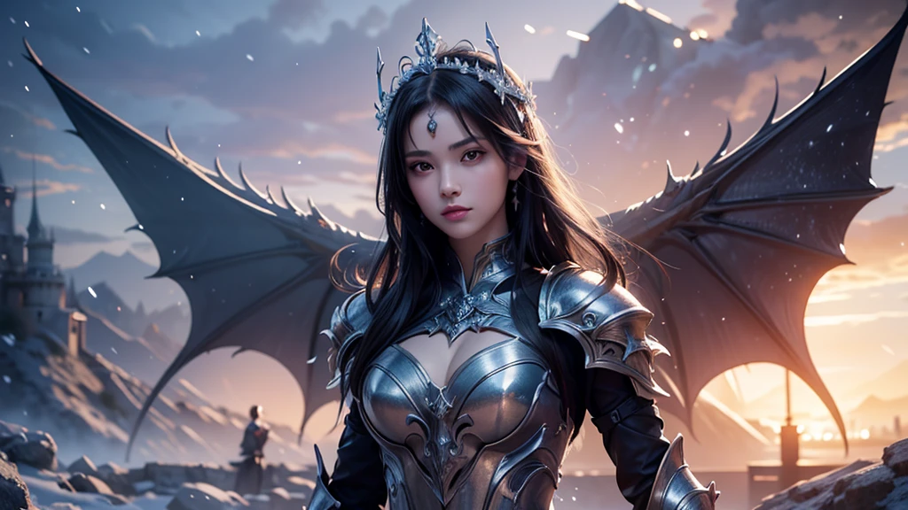 Close-up of woman holding sword and armor, Armor Girl, 2. 5D CGI anime fantasy artwork, Large Breasts，Epic fantasy digital art style, detailed Digital 2D fantasy art, Digital 2D fantasy art, original photo, (best quality:1.3), high resolution, (masterpiece), (lifelike:1.4), Professional photography, Clear focus, High Dynamic Range, 8k resolution, Intricate details, Fine details, Depth of Field, Extremely detailed CG unified 8k wallpaper, masterpiece，poster，best quality，Official Art，（Beauty and aesthetics：1.2），（masterpiece：1.3），Miss，personal，Light Leather Armor，complex pattern，winter，Snow Mountain，castle，Medium distance photography，（early morning），dramatic，Giant bat wings，