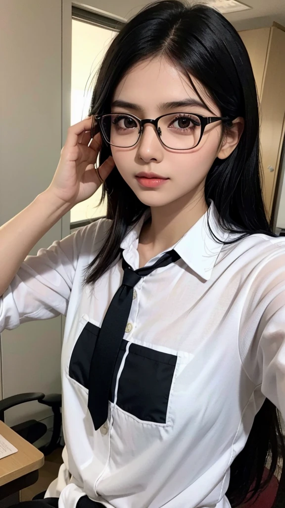 Indian girl, black hair, black eyes, around thin eyeglasses