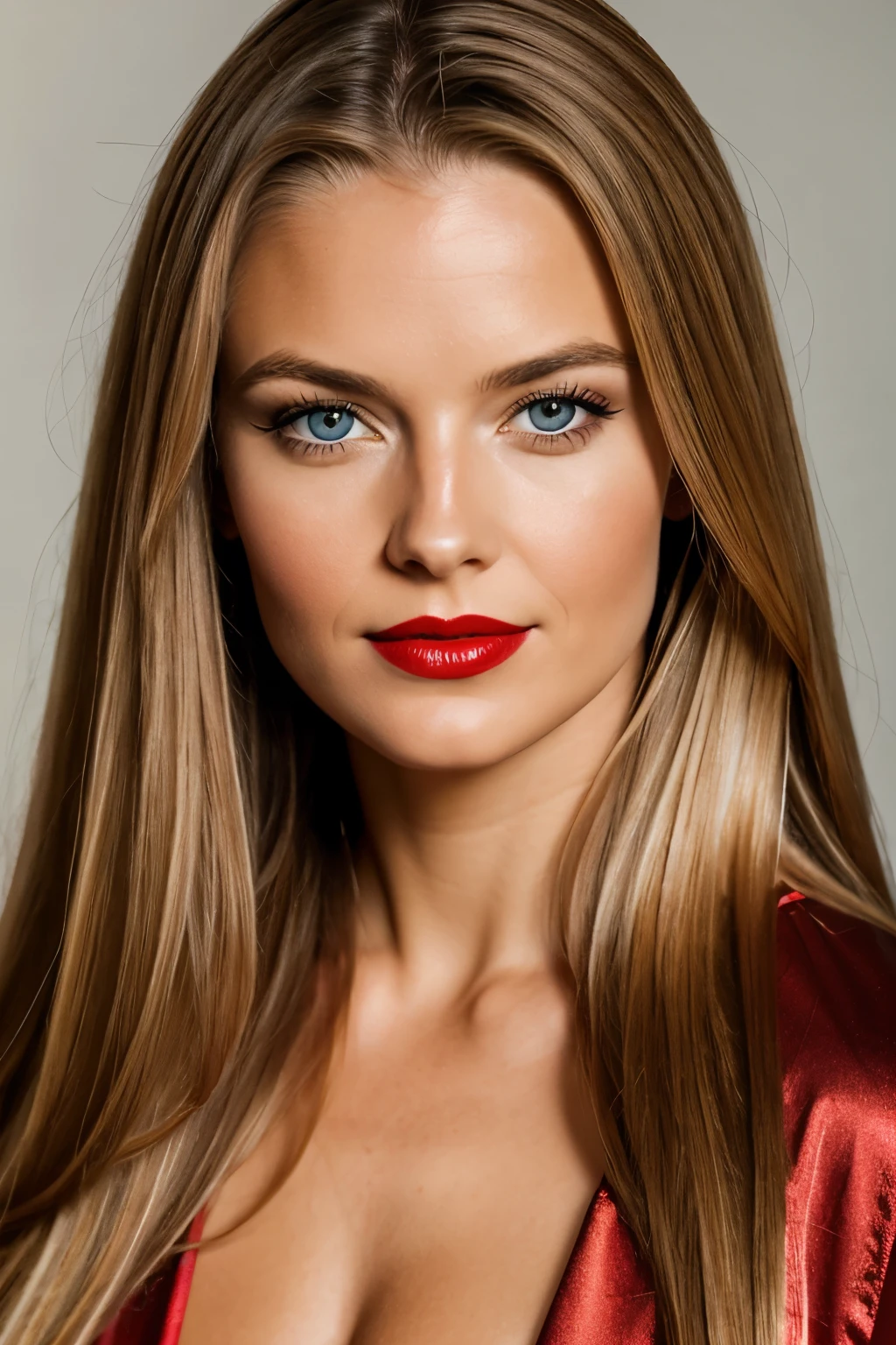 professional portrait of Valérie Van der Graaf, centered, professional makeup, red lipstick, long and loose hair, facing the camera, medium shot.