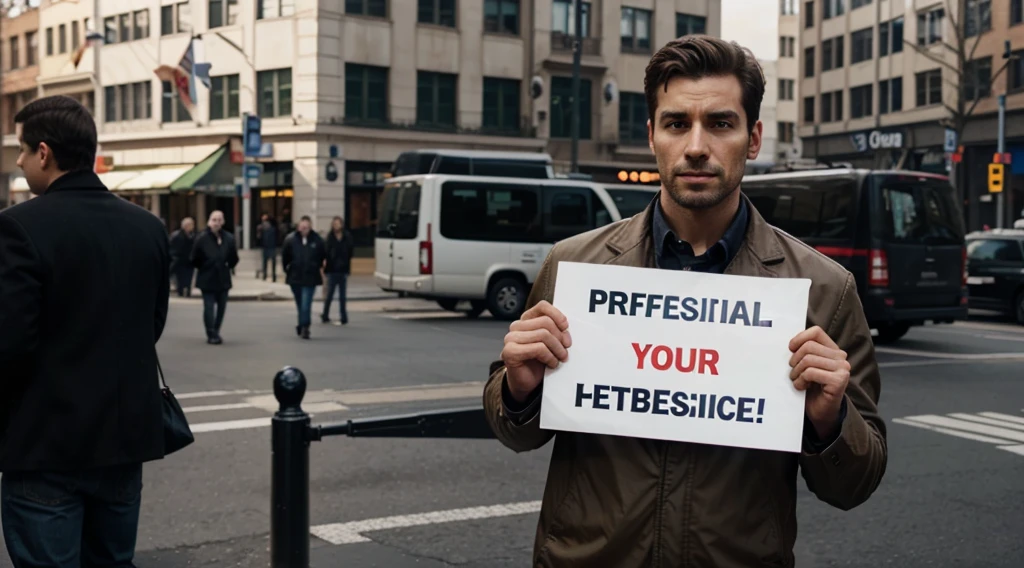 a realistic picture of a man holding a sign that says "professional subtitles"