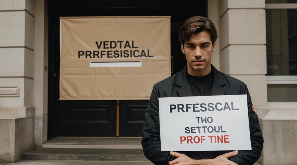 a realistic picture of a man holding a sign that says "professional subtitles"