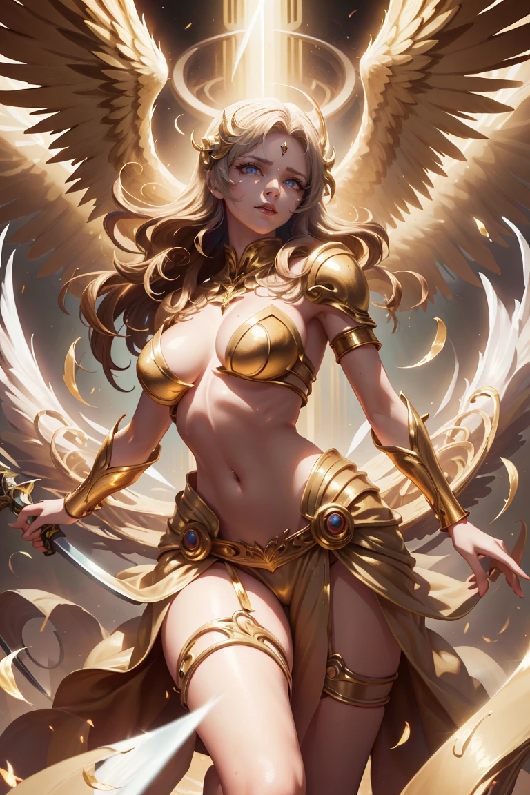 goddess of angels golden swordsman with wings, blondie hair, perfect hands, golden shine, fictional figure body hands on waist, sexy movement pose, swords around the body