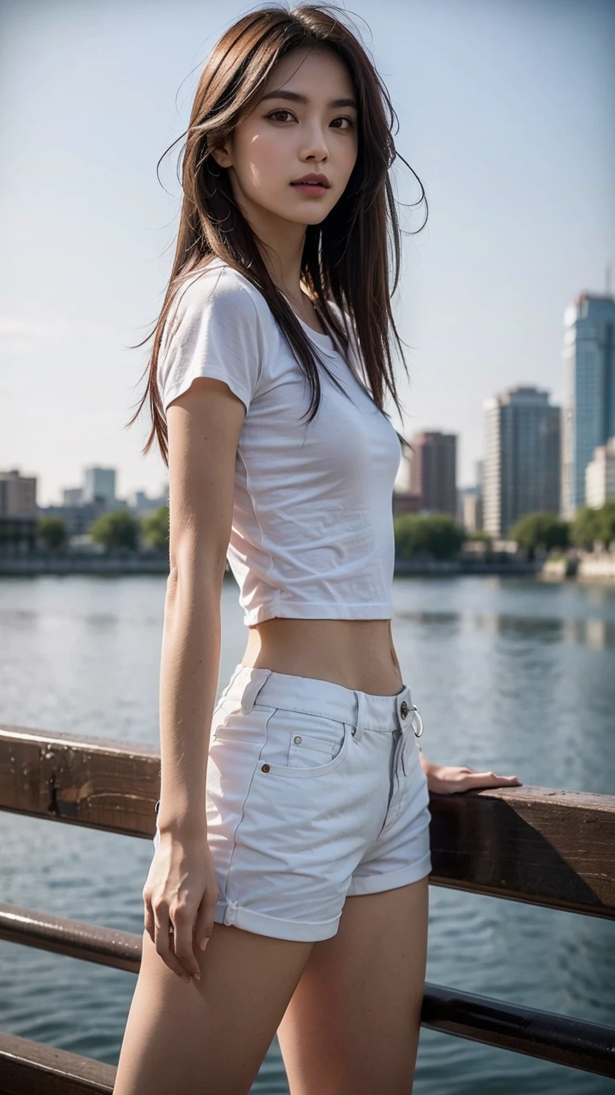 (realistic:1.3), finely detailed, quality, rembrandt lighting, (masterpiece:1.2), (photorealistic:1.2), (best quality), (detailed skin:1.3), (intricate details), dramatic, ray tracing, 1girl, japanese girl, 21 years old, detailed skin texture, (blush:0.5), (goosebumps:0.5), subsurface scattering, smiling, medium breasts, long hair curls, bangs, hair between eyes, windswept, floating hair, shirt, high-waist shorts, (bright sunny day, tokyo, street, sky, bending forward, ass focus, from behind, from below, hands on hips), <lora:denim_shorts_v0.2:1>