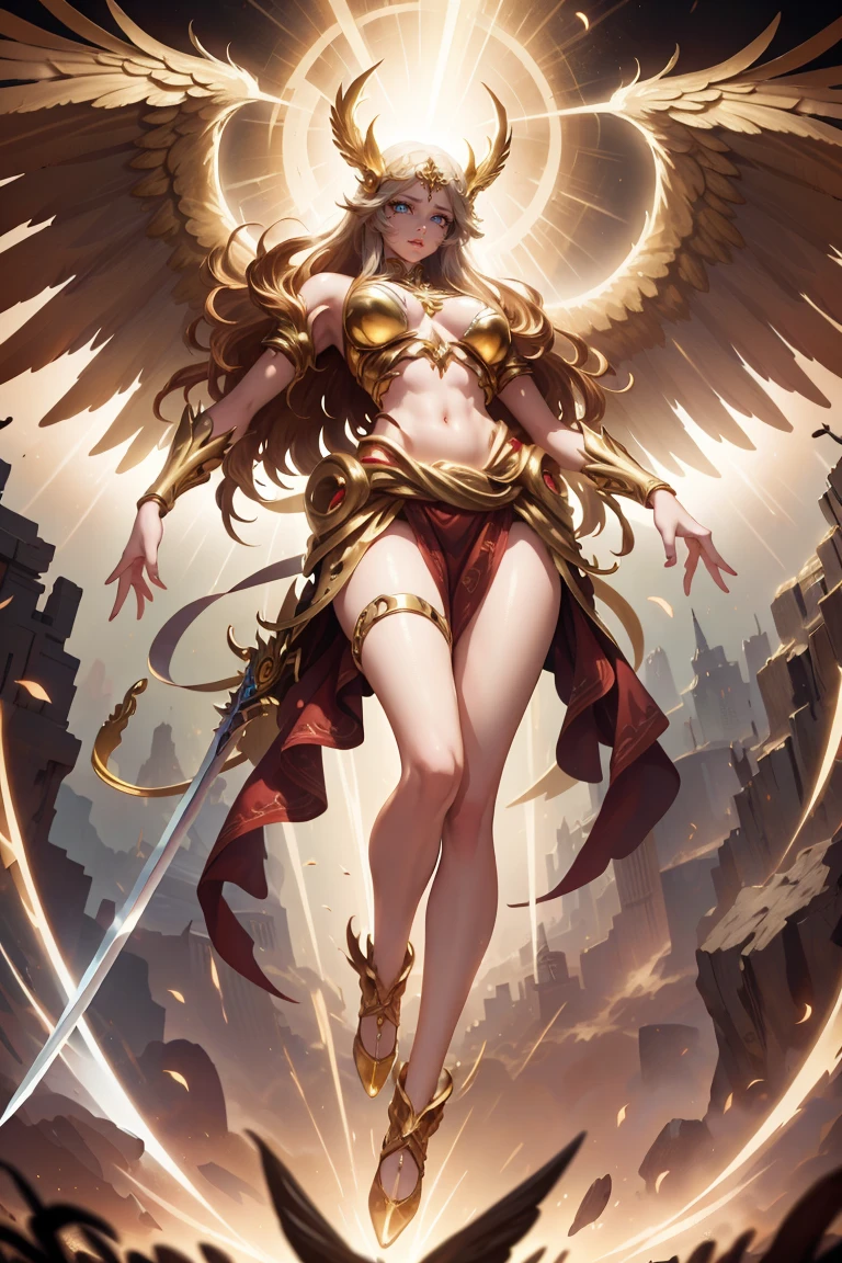 goddess of angels golden swordsman with wings, blondie hair, perfect hands, golden shine, fictional figure body hands on waist, sexy movement pose, swords around the body