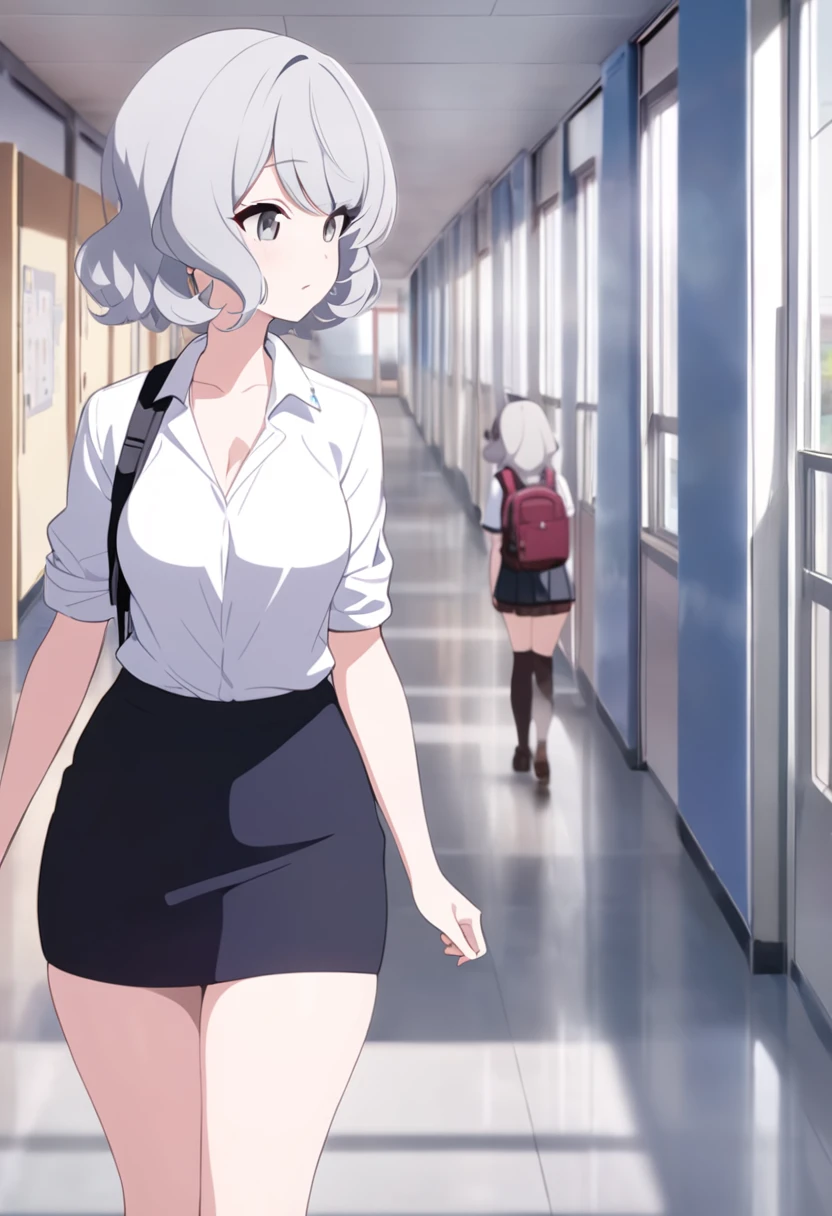 (girl,Silver Hair,Short wavy hairstyle,Grey Eyes,Droopy eyes,Medium Chest,Wide thighs)White shirt,Black short skirt,A woman walking down a school corridor,