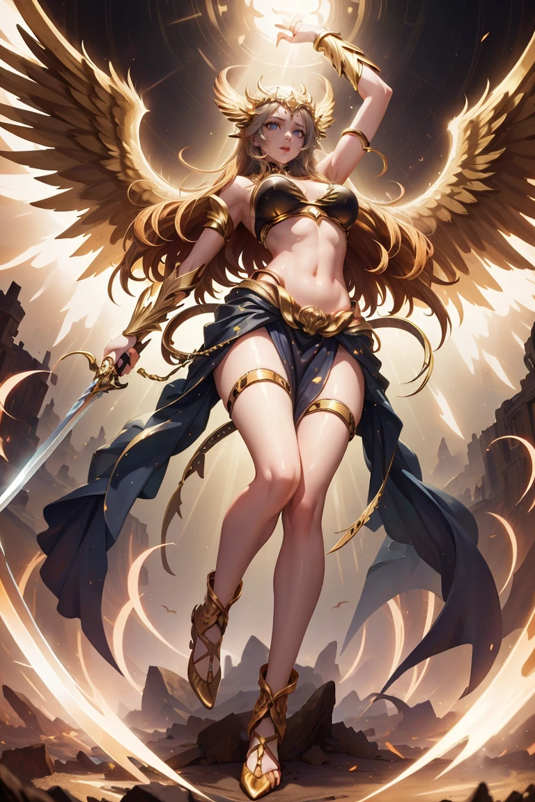 goddess of angels golden swordsman with wings, blondie hair, perfect hands, golden shine, fictional figure body hands on waist, sexy movement pose, swords around the body