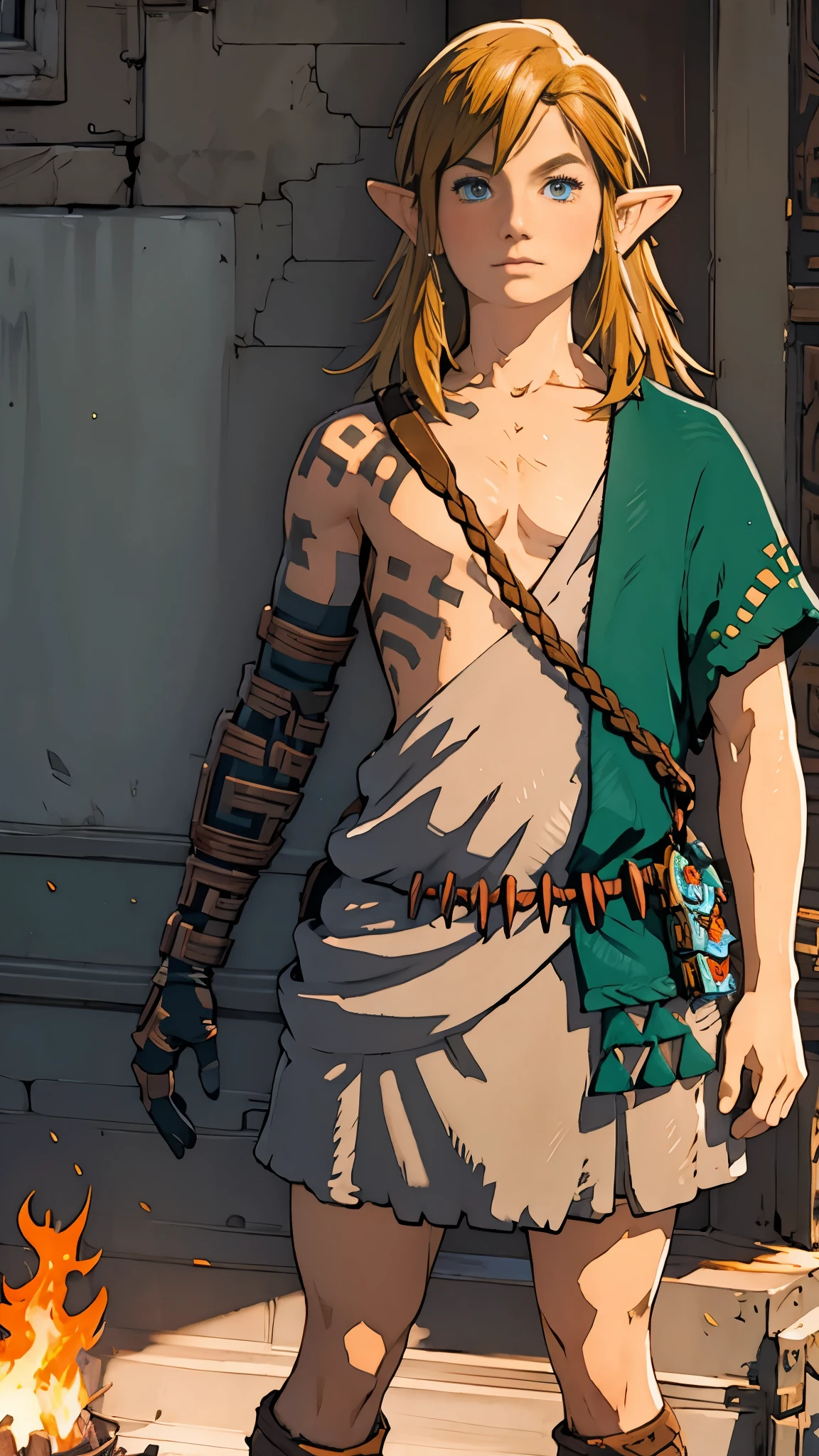 Fully equipped、Link、Subjective、looking at the camera、Burnt Castle、male、Masterpiece、Highest quality、male体型、Flowing Hair、Model standing、Stand in the flames