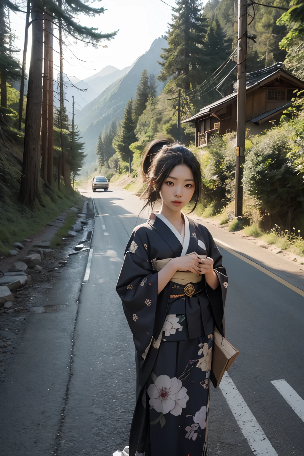 Beautiful,Junko Ishihara,Over Amagi,Prostitute,or period,Years falls,Flame of Love,Disheveled Japanese clothing,In the mountains,The twists and turns of the deep mountains,Flames of Passion,Mature women in their thirties,A devoted beauty,Disheveled Hair,Disheveled outfit,A half-crazed woman obsessed with love,Disheveled, thin kimono,thin yukata,A distraught yukata wearer,Female Artist,Narrow eyes,Single-minded gaze,Simple string belt,or period,Dark mountain path,Crossing the mountain pass,Unpaved mountain roads,On the road through the dark forest,Unpaved road,promenade,Mountain trail,Dirt Road,登Mountain trail,When the road wasn't paved yet,Old mountain path,ground road,carriage,rickshaw,She's wearing light clothing and her chest is exposed.,Beautiful Mature Woman,Her chest is open, exposing her beautiful nipples.,A narrow, winding road leading uphill,Mountain path where you can see the bare ground,A lightly dressed kimono that is slightly disheveled,