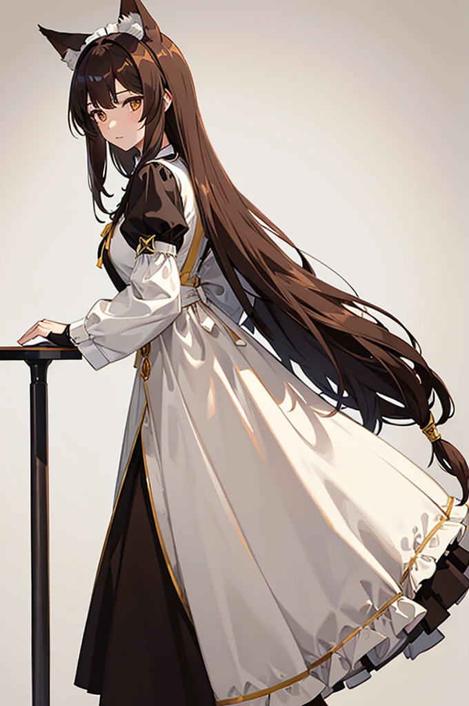 1 woman, brown hair, gold eyes, wolf ears, wolf tail, maid dress, standing on ground, high res, ultra sharp, 8K, masterpiece