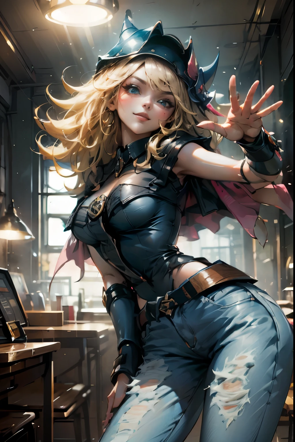 Beautiful dark magician gils waving, smiles and is flirtatious. She is wearing dark, tight jeans and heels . Dark jeans and gold heels. pose sexy