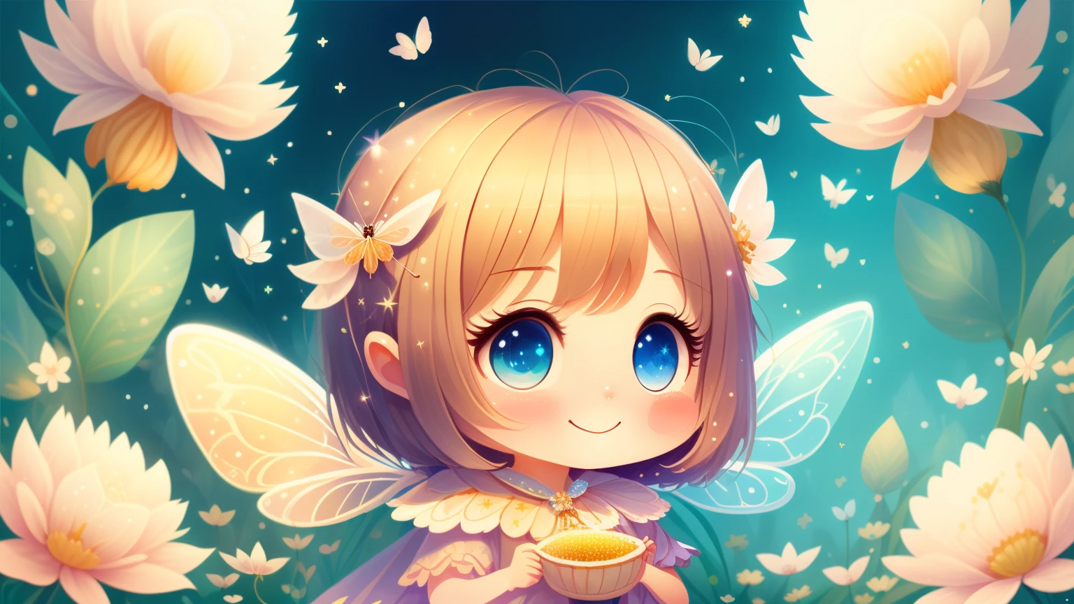 seed is 3483977916,Cutes, light colors hair, blue eyes, gossamer,illustration, A masterpiece in bright light, stunning art! The art of magic, fairy tale artwork, inspiring art, exquisite artwork high quality、masterpiece、Sparkling fairies、Open your mouse,smile、fairy flying in the sky、Fairies fly in the sky、