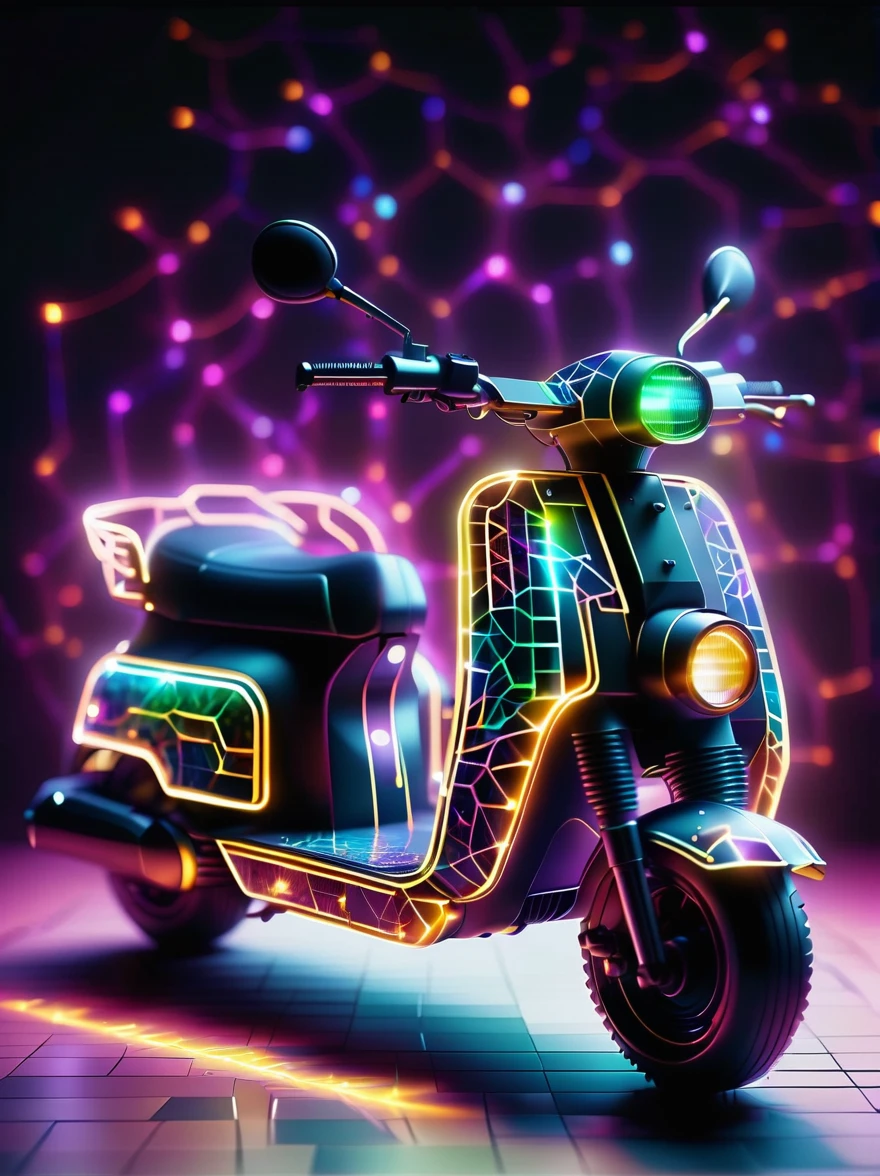 Vibrant colorful photo of low poly plasma electric neon Kirlian effect，Rendering network node visualization，In the shape of a vintage puch moped (Dissolved into circuit pixels:1.3), Sound waves propagate outward in a sinusoidal audio waveform, Detailed aura captured on film