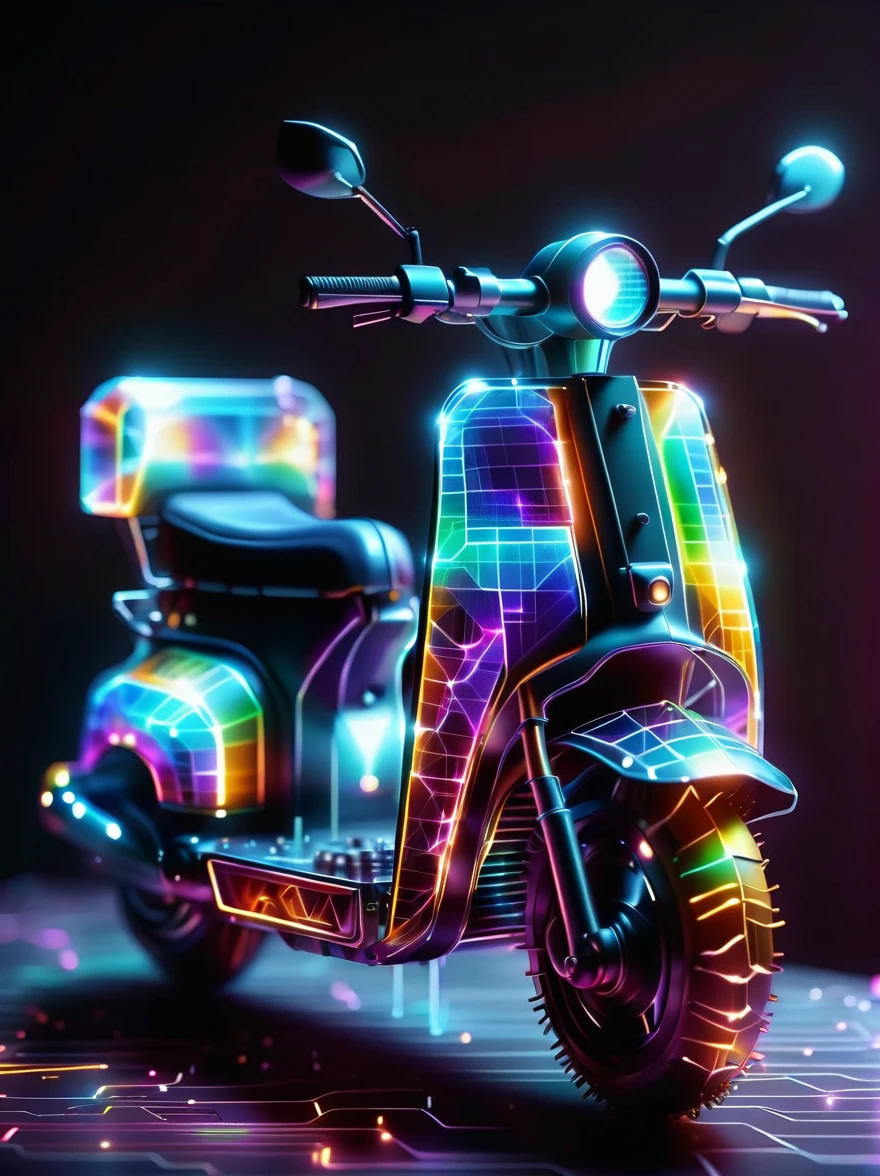 Vibrant colorful photo of low poly plasma electric neon Kirlian effect，Rendering network node visualization，In the shape of a vintage puch moped (Dissolved into circuit pixels:1.3), Sound waves propagate outward in a sinusoidal audio waveform, Detailed aura captured on film