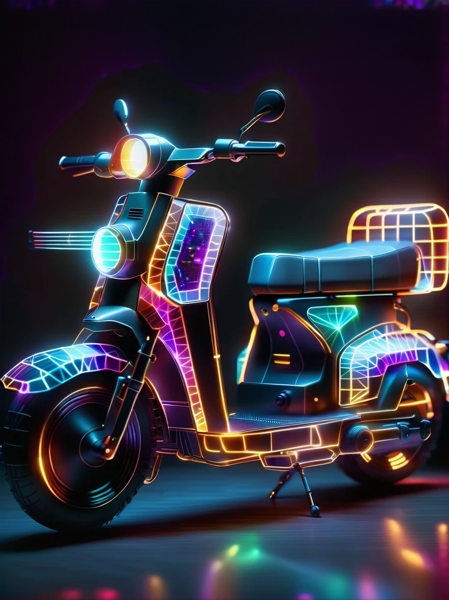 Vibrant colorful photo of low poly plasma electric neon Kirlian effect，Rendering network node visualization，In the shape of a vintage puch moped (Dissolved into circuit pixels:1.3), Sound waves propagate outward in a sinusoidal audio waveform, Detailed aura captured on film